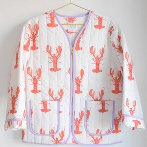 Sara Fitz White Quilted Bomber Jacket with Orange Lobster Print